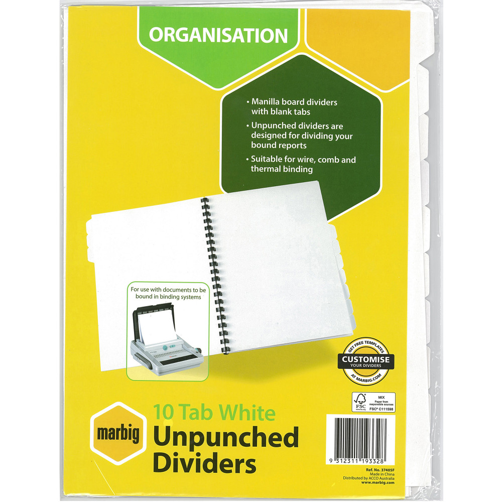 MARBIG UNPUNCHED DIVIDERS A4 10 Tab White