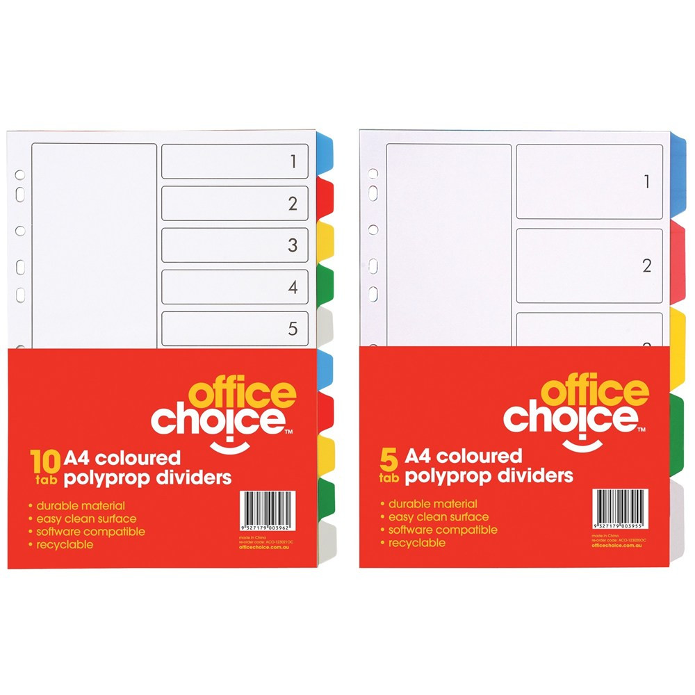 OFFICE CHOICE A4 DIVIDERS 5 Coloured Tab Polyprop