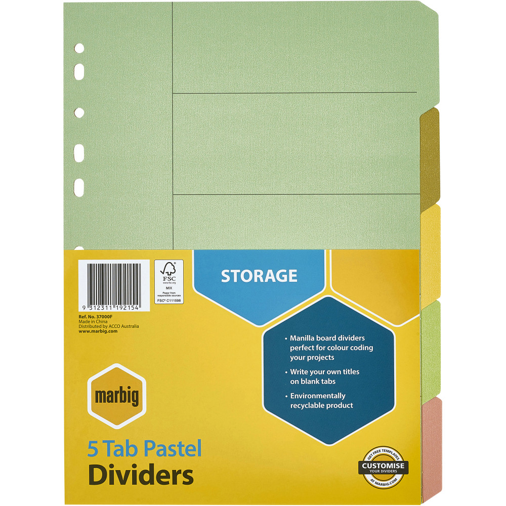 MARBIG MANILLA DIVIDERS A4 5 Tab Multi-Coloured