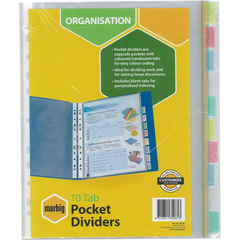 MARBIG POCKET DIVIDERS A4 PP 10 Tab Pockets