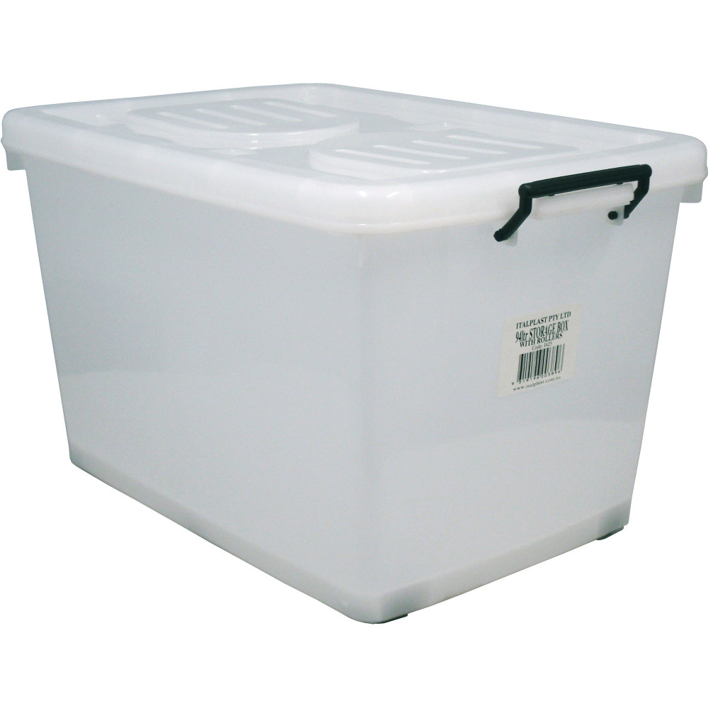 ITALPLAST STORAGE BOX With Lid+ Rollers 96Ltr Clear