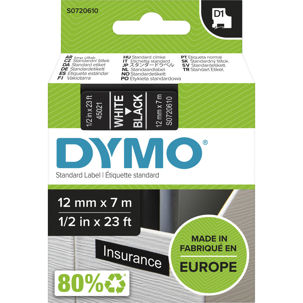 DYMO D1 LABEL CASSETTE 12mmx7m -White on Black