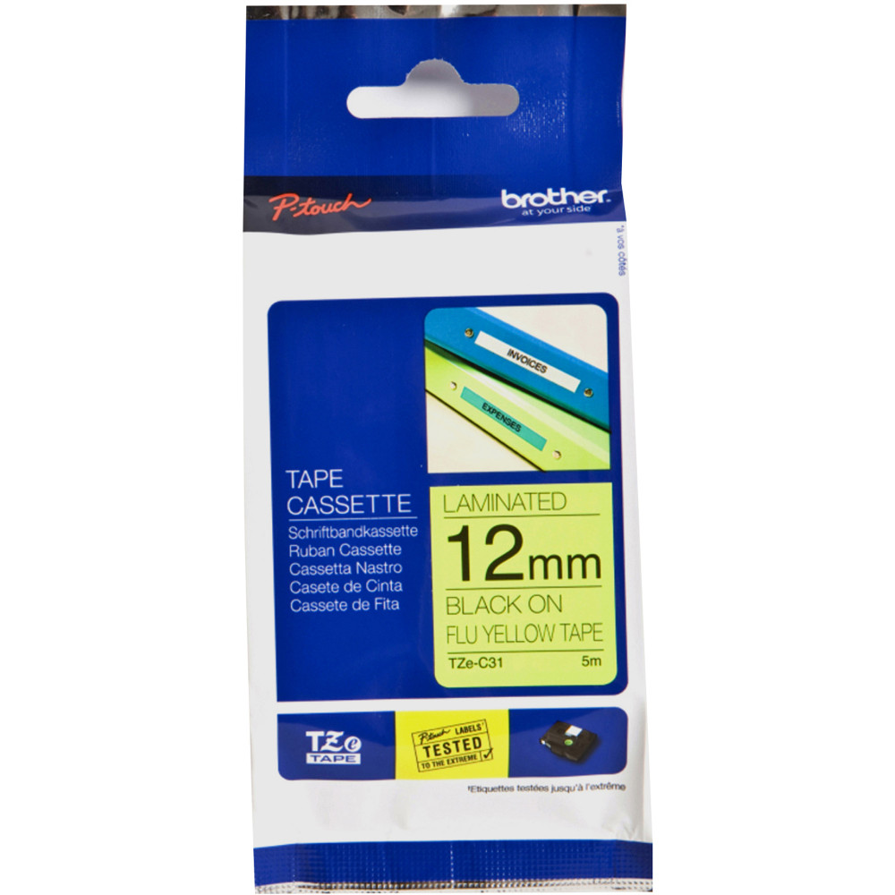 BROTHER TZEC31 PTOUCH TAPE 12mmx8mt Black On Flouro Yel