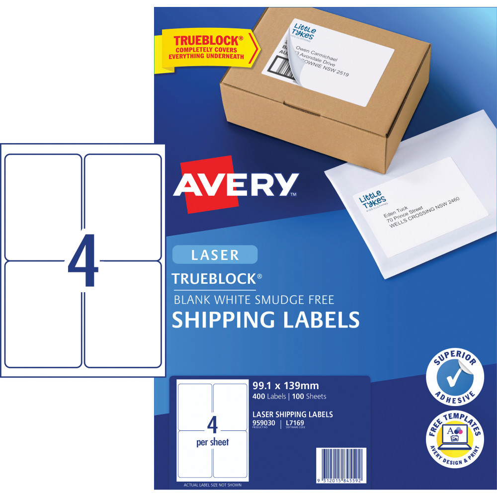 AVERY L7169 MAILING LABELS Laser 4/Sht 99.1x139mm 100 Sheets