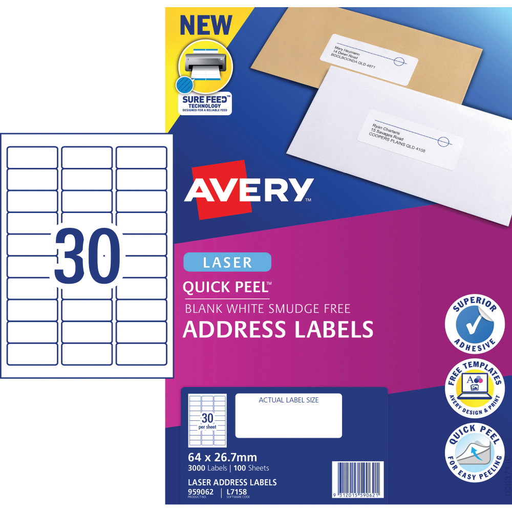 AVERY L7158 MAILING LABELS Laser 30/Sht 64x26.7mm Address 100 Sheets