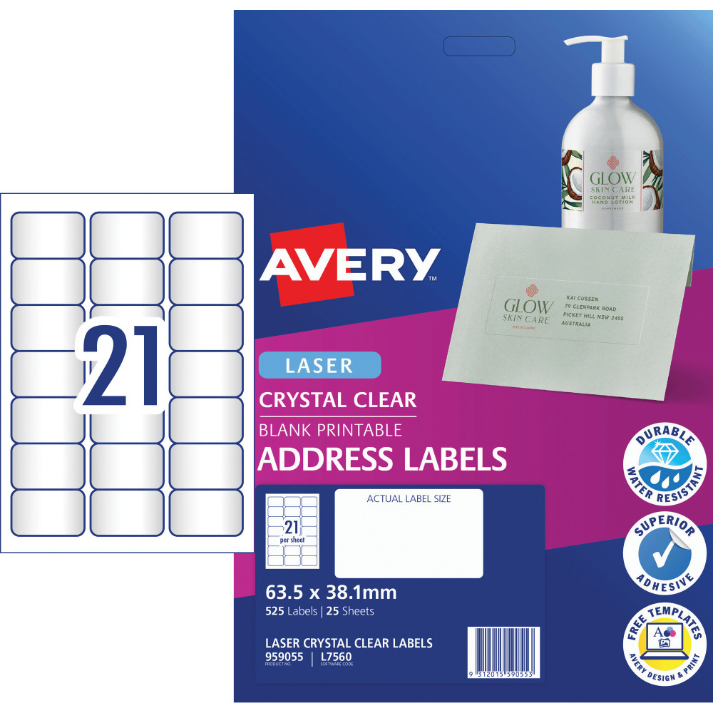 AVERY L7560 CLEAR LASER LABELS Quick Peel 21/Sht 63.5x38.1mm 25 Sheets