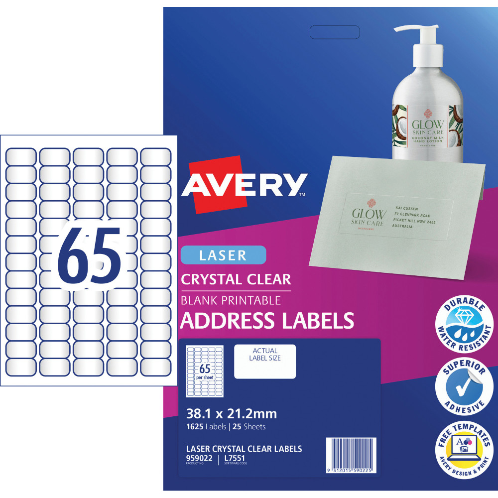 AVERY L7551 MAILING LABELS Laser 65/Sht 38.1x21.2mm Clr 25 Sheets