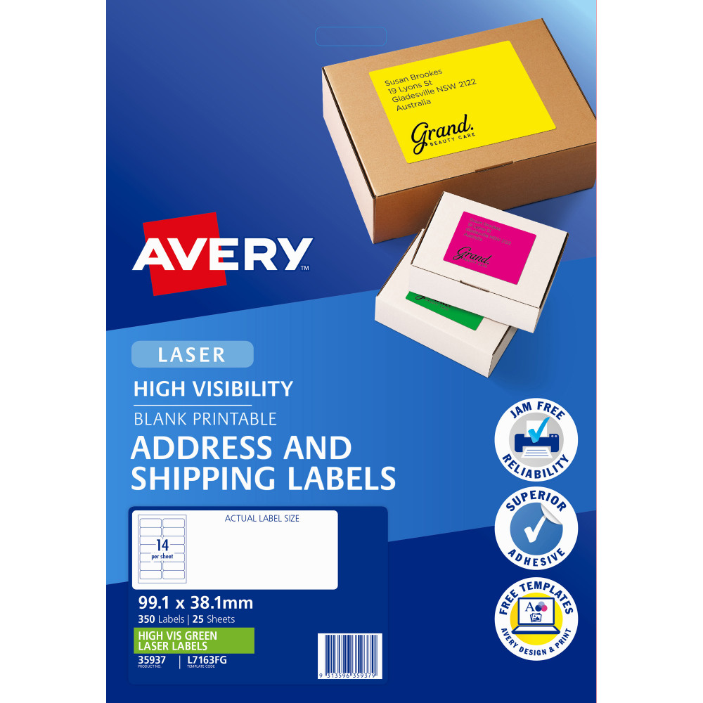 AVERY L7163FG LASER LABELS 14/Sht 99.1x38.1mm Fluoro Green 350 Pack