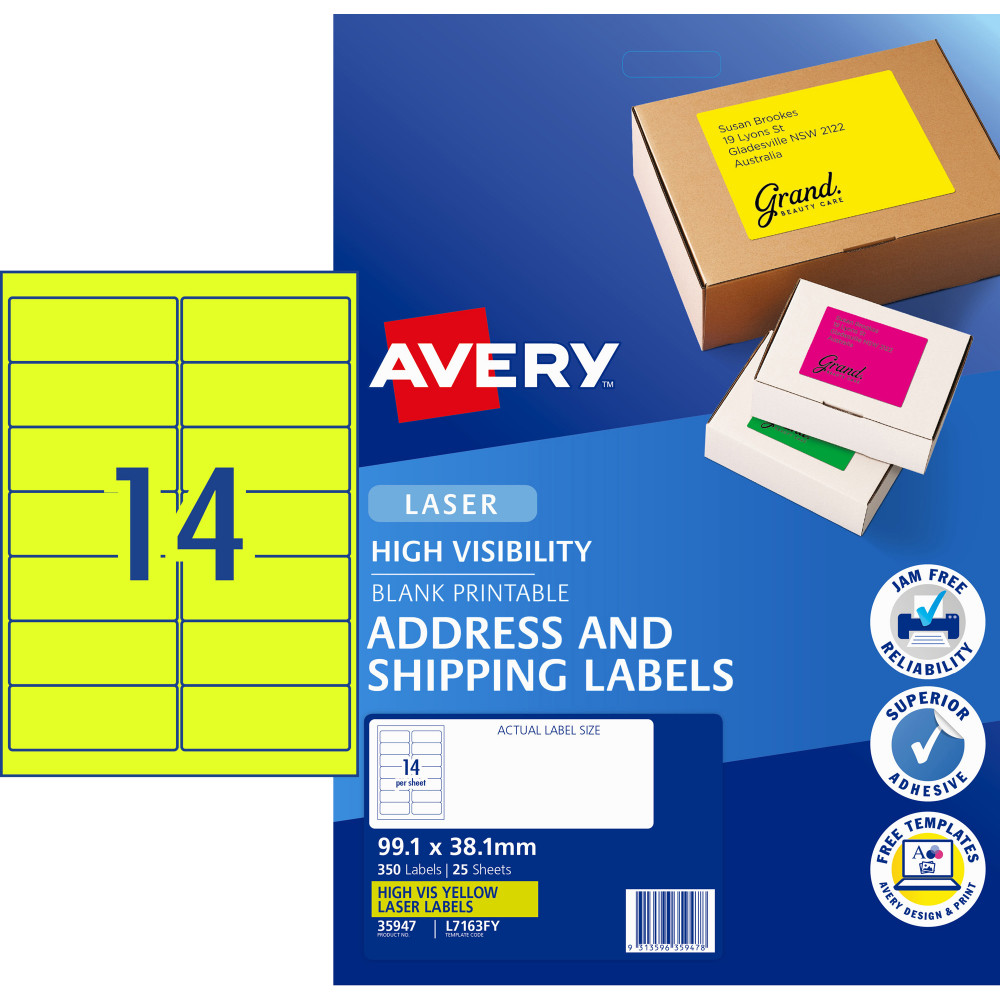 AVERY L7163FY LASER LABELS 14/Sht 99.1x38.1mm Fluoro Yell Yellow 25 Sheets