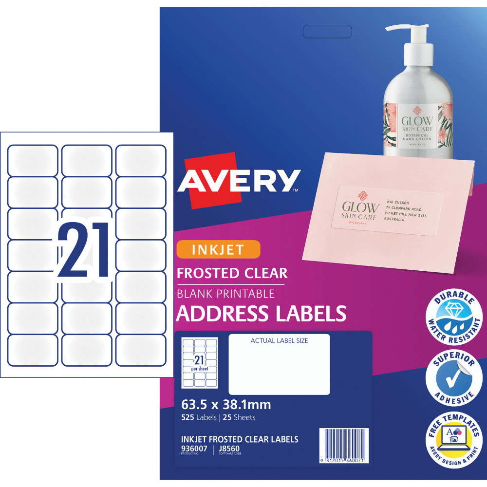 AVERY J8560 QUICK PEEL LABEL I/Jet 21/Sht 63.5x38.1 Add Clr 25 Sheets
