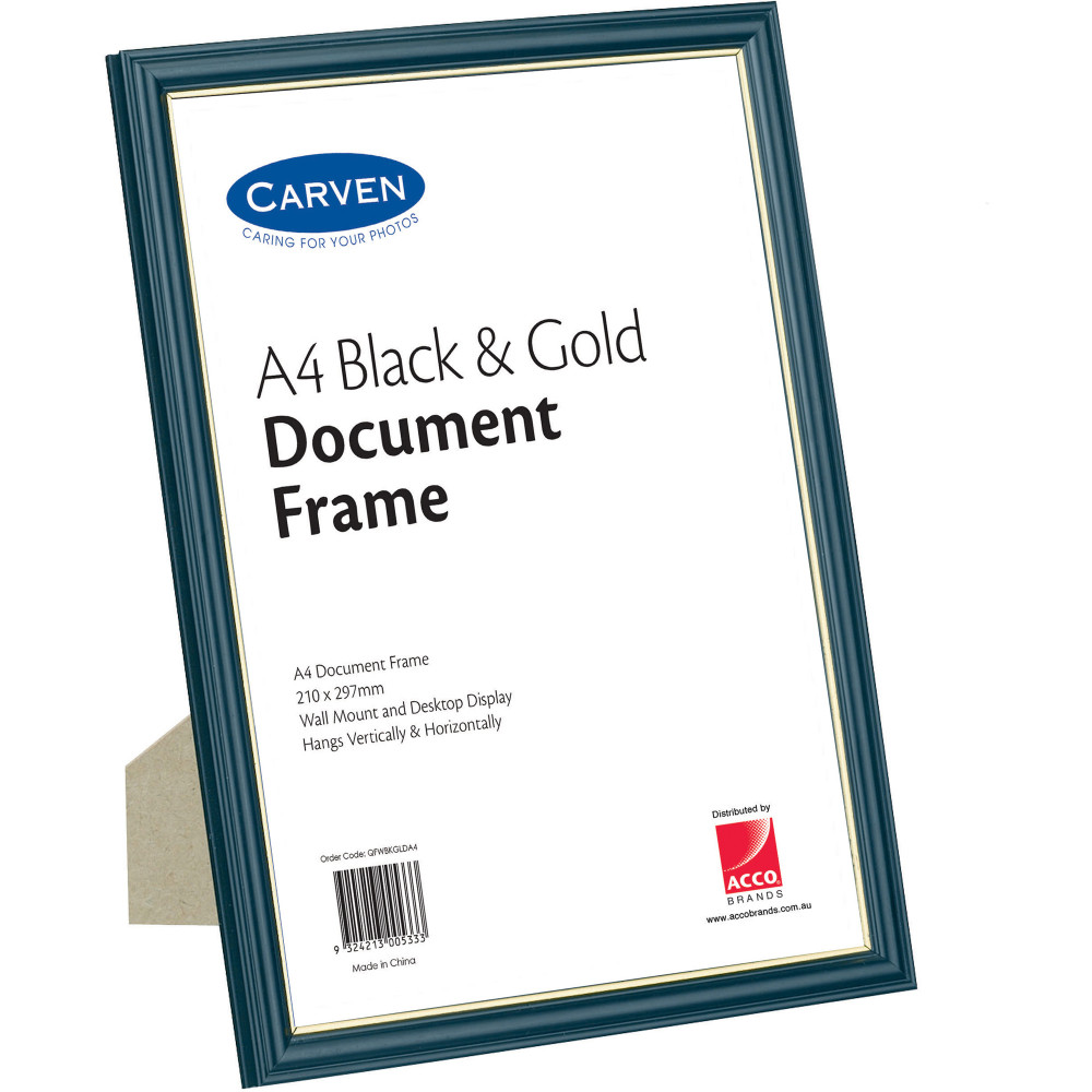 CARVEN CERTIFICATE FRAME A4 Black/Gold Wall Mountable
