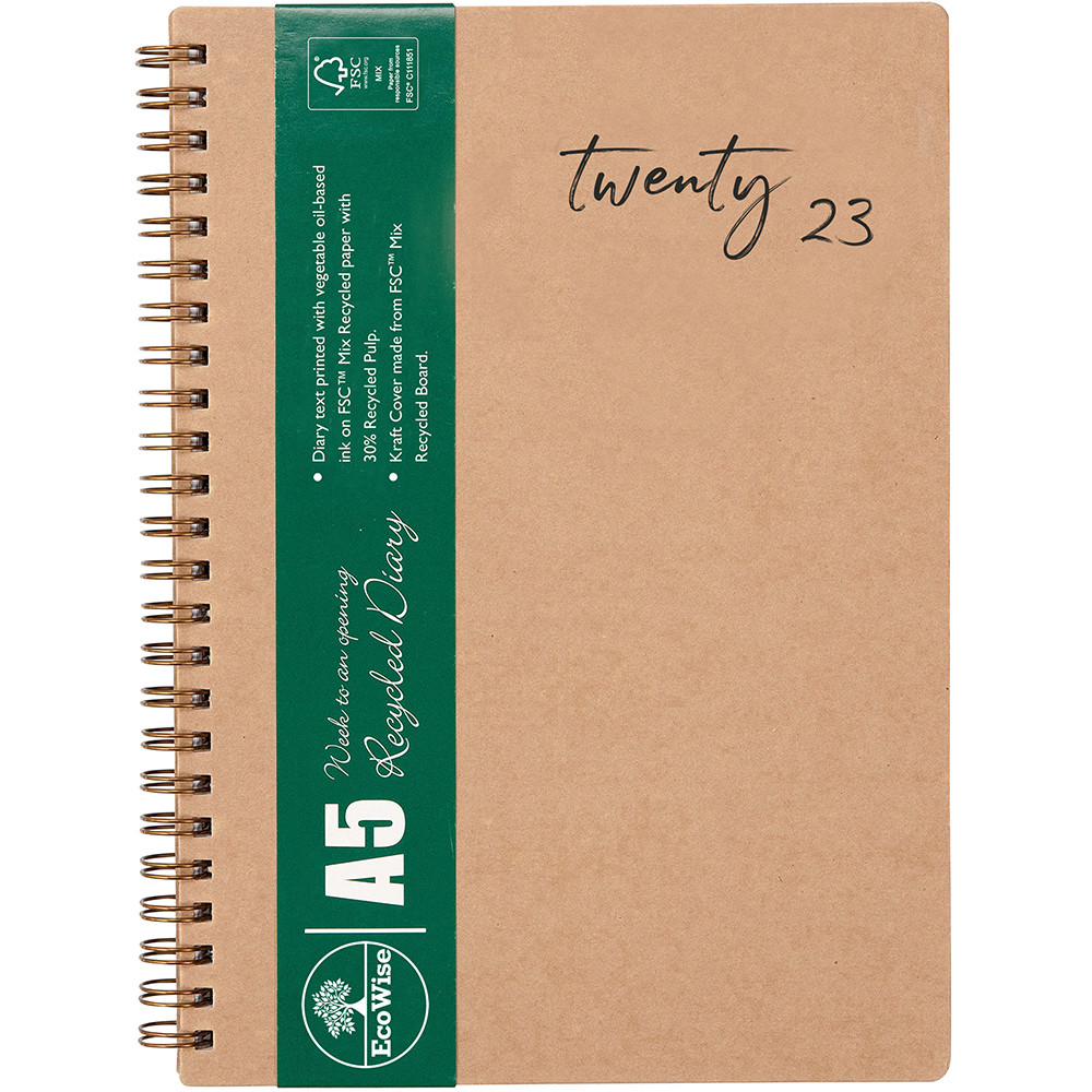 CUMBERLAND ECOWISE DIARY Spiral A5,Week-Open,Boardcover Recycled