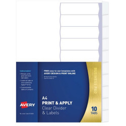 Avery L7410-10 Print & Apply Label Dividers A4 10 Tabs Clear