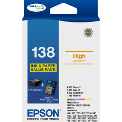 EPSON T138 BUNDLE PACK Black Cyan Magenta Yellow  & 4x6 Photo 20 Sheet