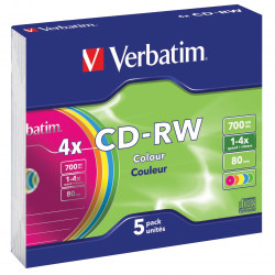 VERBATIM RECORDABLE CD'S CD-RW 74min 700MB 4X Slim Case Pack of 5