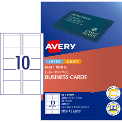 AVERY C32011 BUSINESS CARDS Laser/Injet 200gsm Matt White 25 Sheets