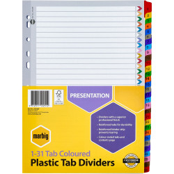 MARBIG COLOURED DIVIDERS A4 1-31 Reinf Tab PP