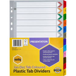 MARBIG COLOURED DIVIDERS A4 Jan-Dec Reinf Tab PP