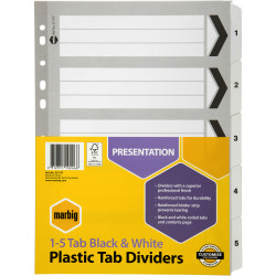 MARBIG BLACK & WHITE DIVIDERS A4 1-5 Reinf Tab Board