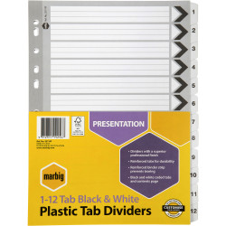 MARBIG BLACK & WHITE DIVIDERS A4 1-12 Reinf Tab Board
