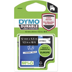 DYMO D1 DURABLE LABELLING TAPE Cassetes Black on White 12mmx5.5m