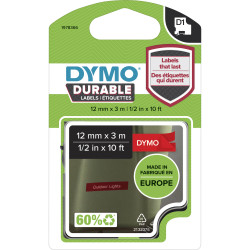 DYMO D1 DURABLE LABELLING TAPE Cassetes White on Red 12mmx3m