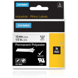 DYMO RHINO INDUSTRIAL LABEL TAPE Permanent Poly 12mm x 55m WHITE