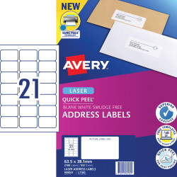 AVERY L7160 MAILING LABELS Laser 21/Sht 63.5x38.1mm Quick Peel Pop Up 100 Sheets