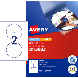 AVERY L7676 MEDIA LASER LABELS B&W CD/DVD 117mm 2/Sht 25 Sheets