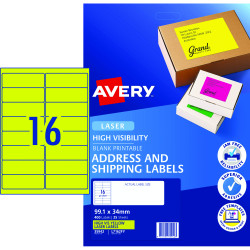 AVERY L7162FY LASER LABELS 16/Sht 99.1x34mm Fluoro Yellow 25 Sheets