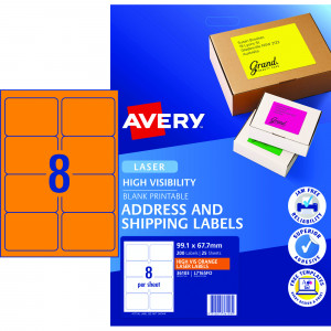 AVERY HI VISIBILITY LABELS Laser 99.1 x 67.7mm Fluoro Orange Pack of 200