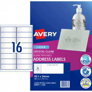 Avery Crystal Clear Laser Address Label 16UP 99.1x34mm Pack of 10