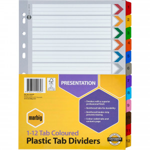 MARBIG COLOURED DIVIDERS A4 1-12 Reinf Tab PP