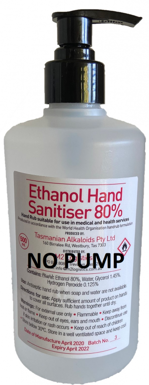PHOS ESSENTIAL TASMANIAN MADE HAND SANITISER - 80% ethanol hand sanitiser - REFILL BOTTLE (No Pump) - 500ml  - STRICTLY WHILE STOCKS LAST