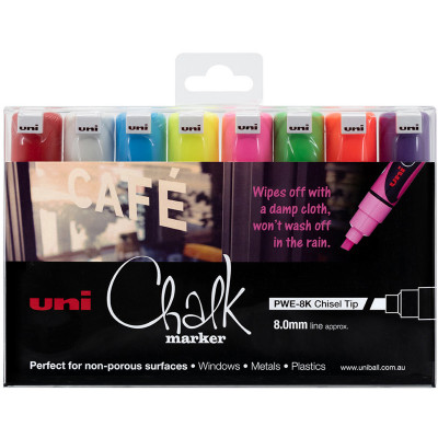 Uni-Ball Chalk Marker Chisel Tip 8mm Assorted colours Pack of 8