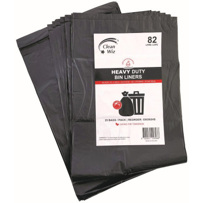 Clean Wiz Oxo-Biodegradable Heavy Duty Bin Liner 82L Black Star Seal Pack of 25