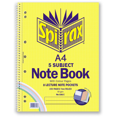 SPIRAX 596C NOTEBOOK 5 SUBJECT Coloured Pg A4 250Pg 297x220mm