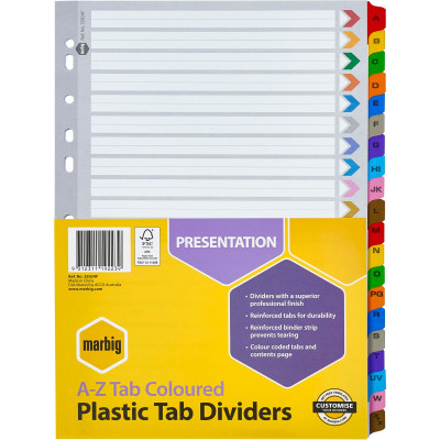 MARBIG COLOURED DIVIDERS A4 A-Z Reinf Tab PP