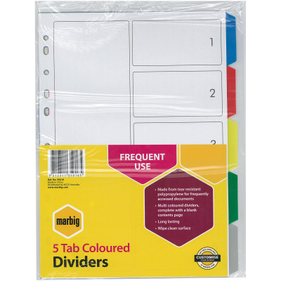 MARBIG COLOURED DIVIDERS A4 PP 5 Tab Multi