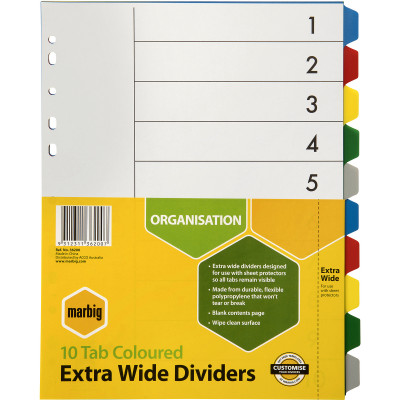 MARBIG BRIGHT MANILLA DIVIDERS A4 10  Reinf Tab PP Xwide Asst