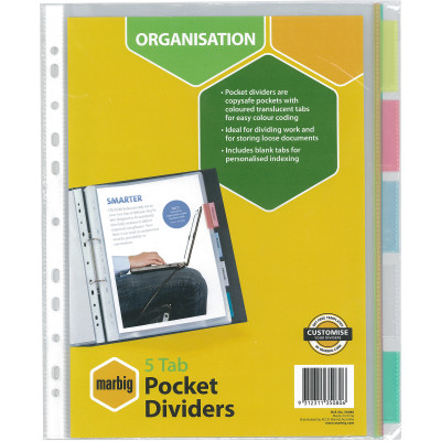 MARBIG POCKET DIVIDERS A4 PP 5 Tab Pockets