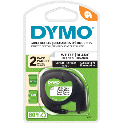 Dymo10697 LetraTag Labelling Tape 12mmx4m Paper White - Pack of 2