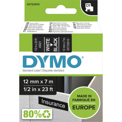 DYMO D1 LABEL CASSETTE 12mmx7m -White on Black
