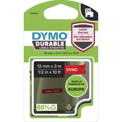 DYMO D1 DURABLE LABELLING TAPE Cassetes White on Red 12mmx3m