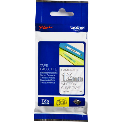 BROTHER TZE135 PTOUCH TAPE 12MMx8M White on Clear Tape