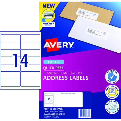 AVERY L7163 MAILING LABELS Laser 14/Sht 99.1x38.1mm 100 Sheets