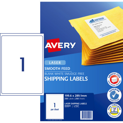 AVERY L7167 SMOOTH FEED LABEL Laser 1/Sht 199.1x289.1mm Wht Box 250 shts