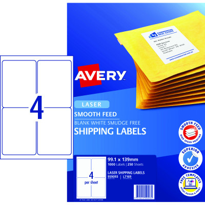 AVERY L7169 SMOOTH FEED LABEL Laser 4/Sht 99.1x139mm Wht Box 250 shts