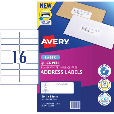 AVERY L7162 MAILING LABELS Laser 16/Sht 99.1x34mm 20 Sheets