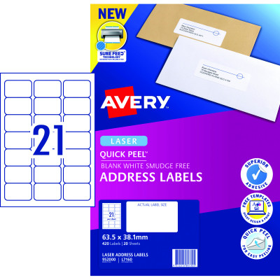 AVERY L7160 MAILING LABELS Laser 21/Sht 63.5x38.1mm 20 Sheets